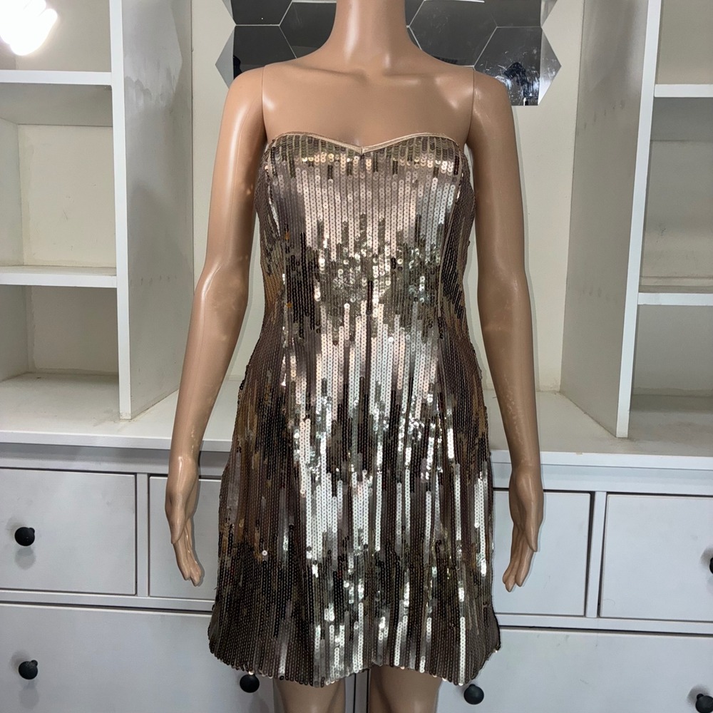 Trixxi Sequin Strapless Sweetheart Dress Gold Sparkly Party Occasion Size L